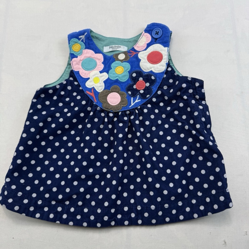 Baby Boden Girls 6-12 Months Navy Blue Polka Dot Corduroy Floral Applique Dress